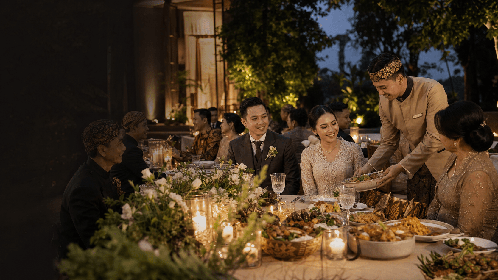 Suasana jamuan pernikahan Indonesia dengan pelayanan banquet yang hangat.