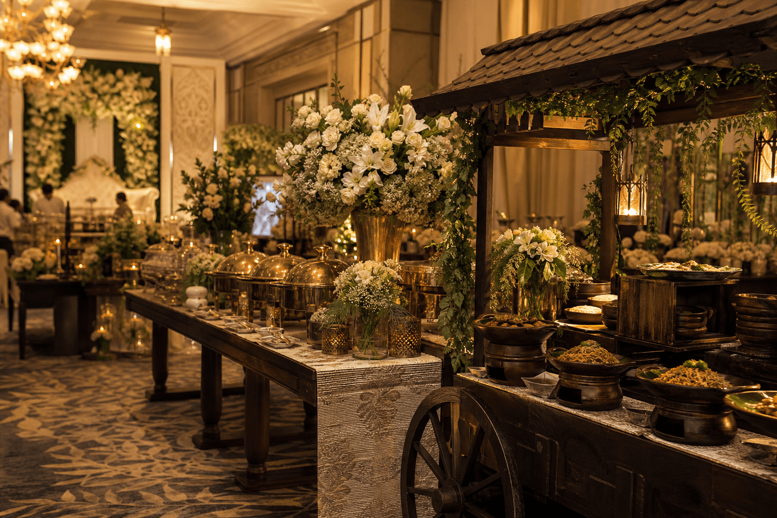 Area buffet pernikahan bernuansa hangat dengan rangkaian bunga putih.