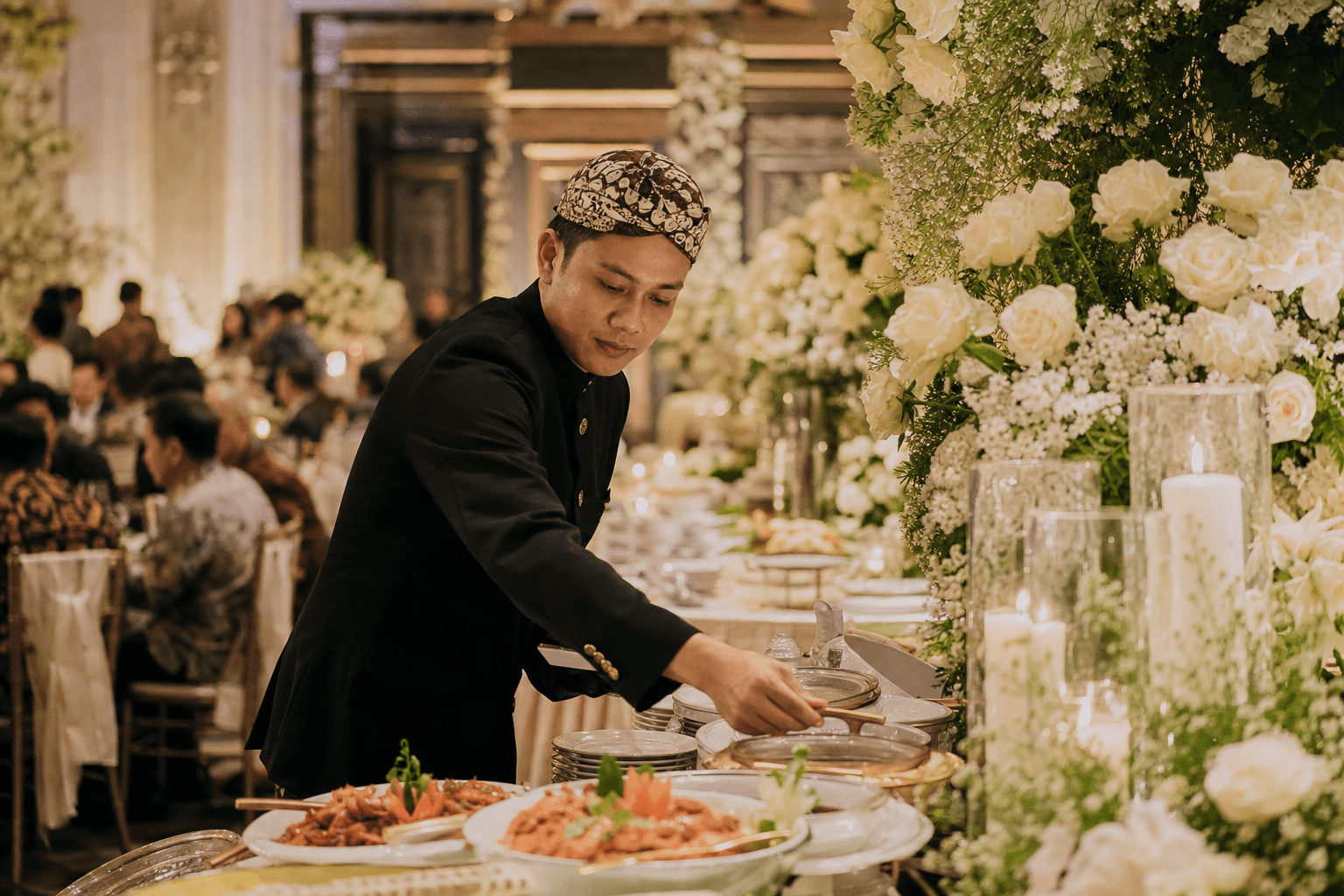 Pramusaji menjaga area buffet tetap rapi selama perayaan pernikahan.