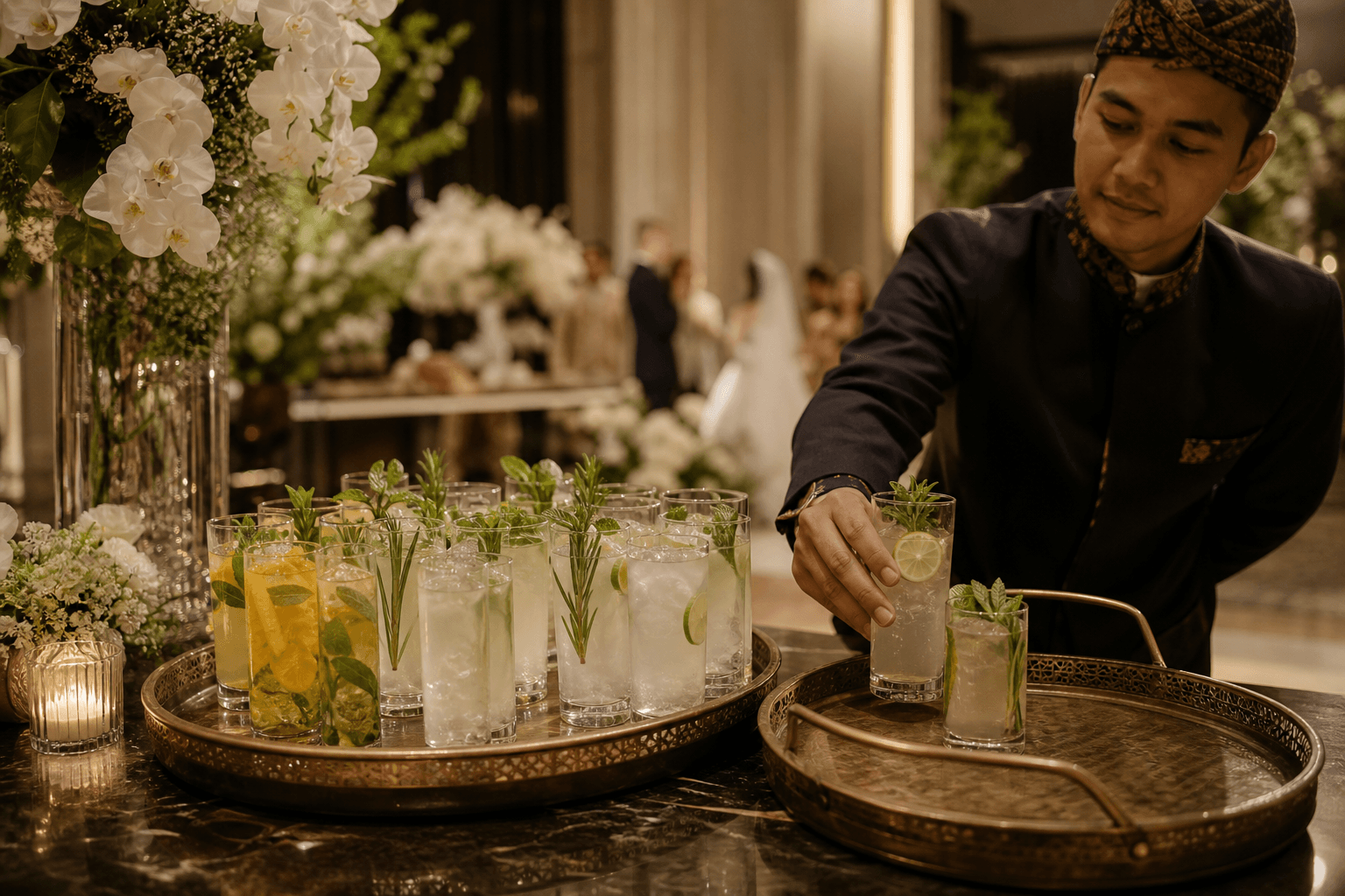 Pramusaji menyiapkan welcome drink di area resepsi pernikahan.